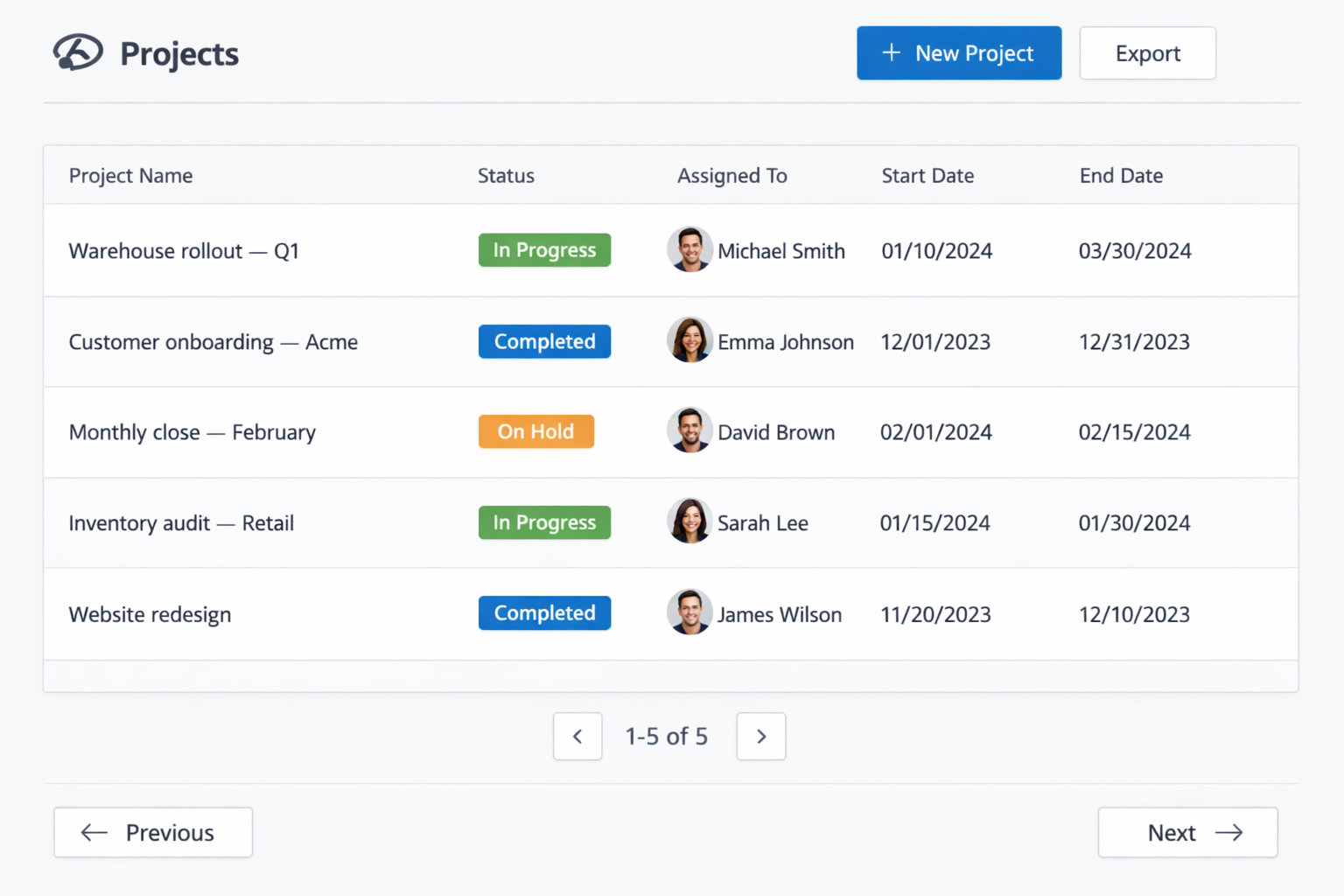 Projects list (Projects & Services)
