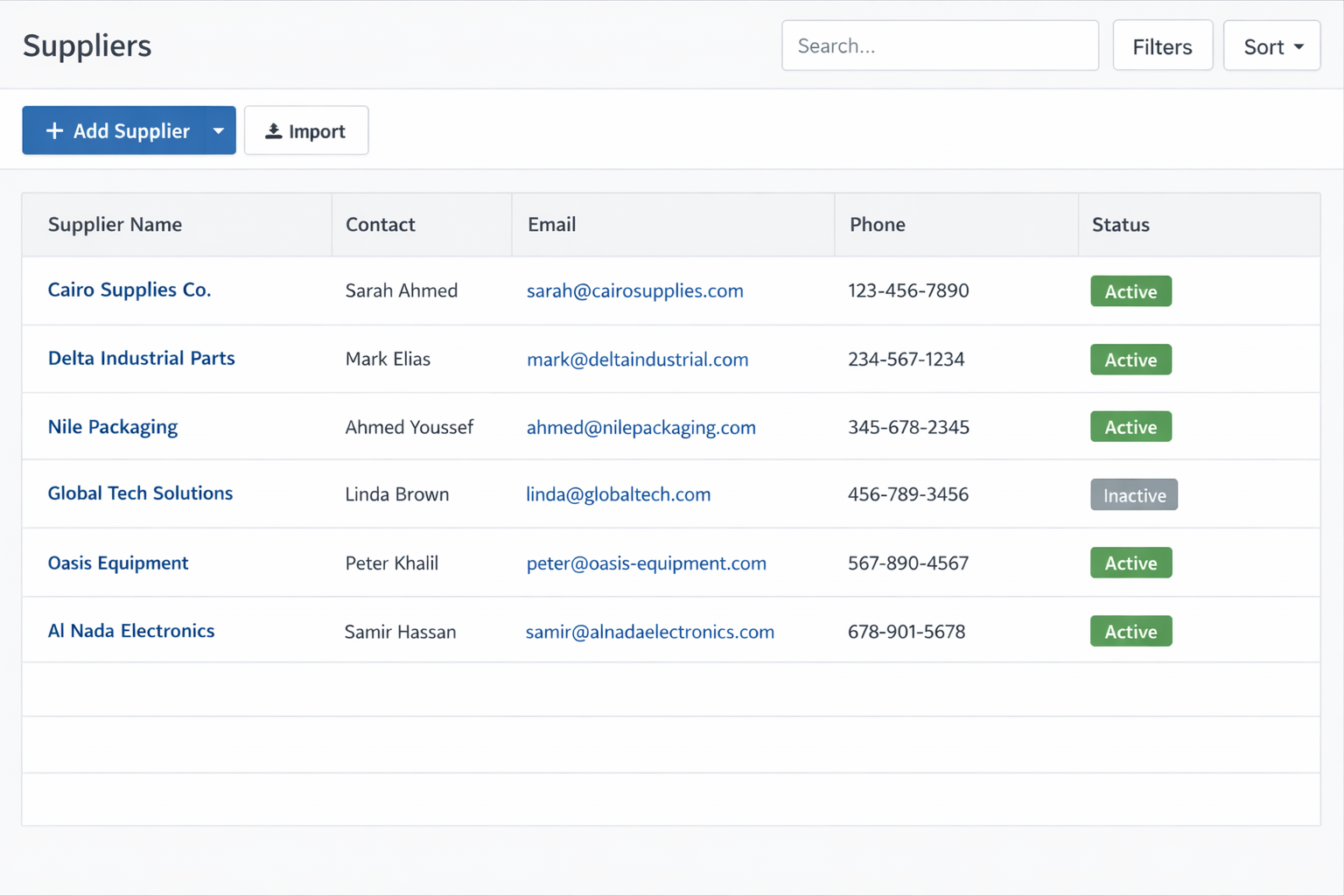 Suppliers list (Procurement & Purchases)