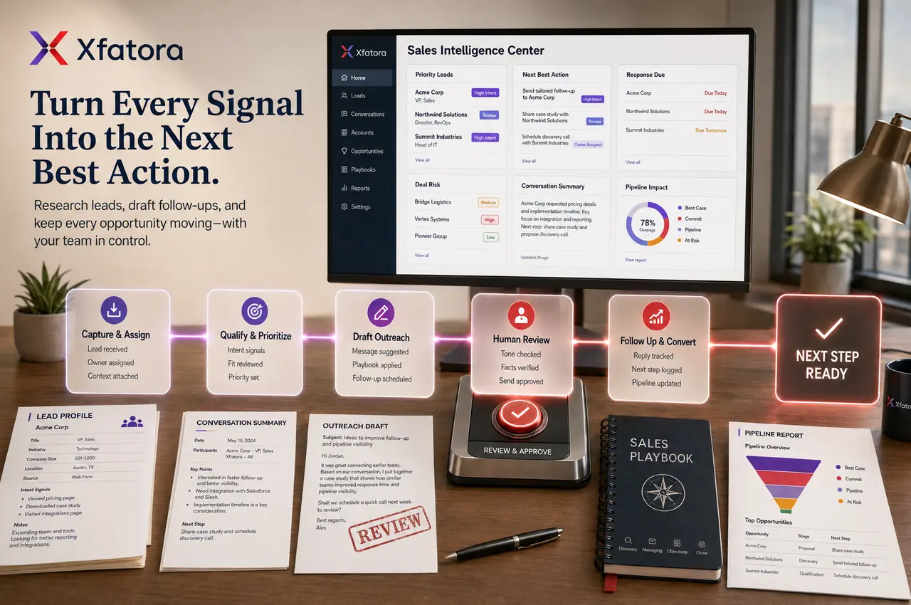 Visual overview of AI sales assistant, lead qualification, and calling automation ERP software