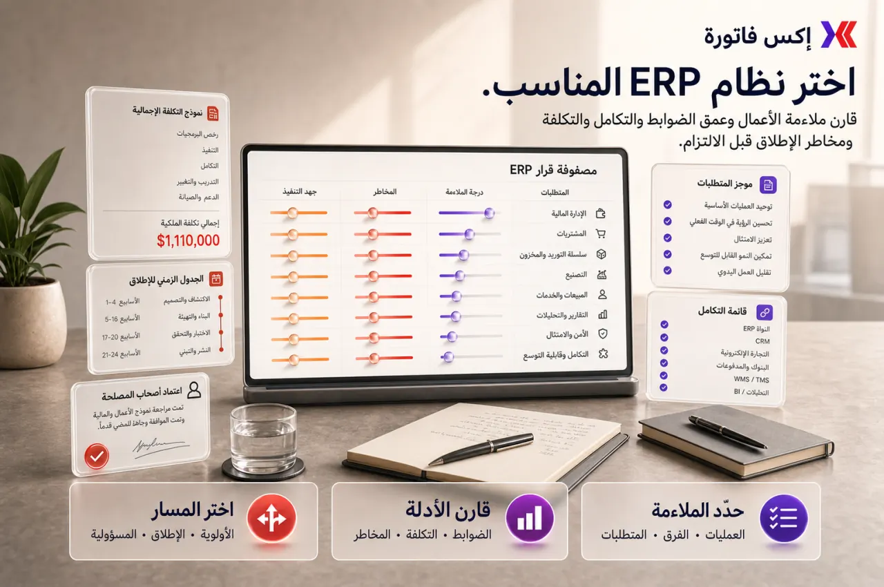 خريطة مقارنة ERP باستخدام المشكلة والجاهزية والنطاق والأدلة