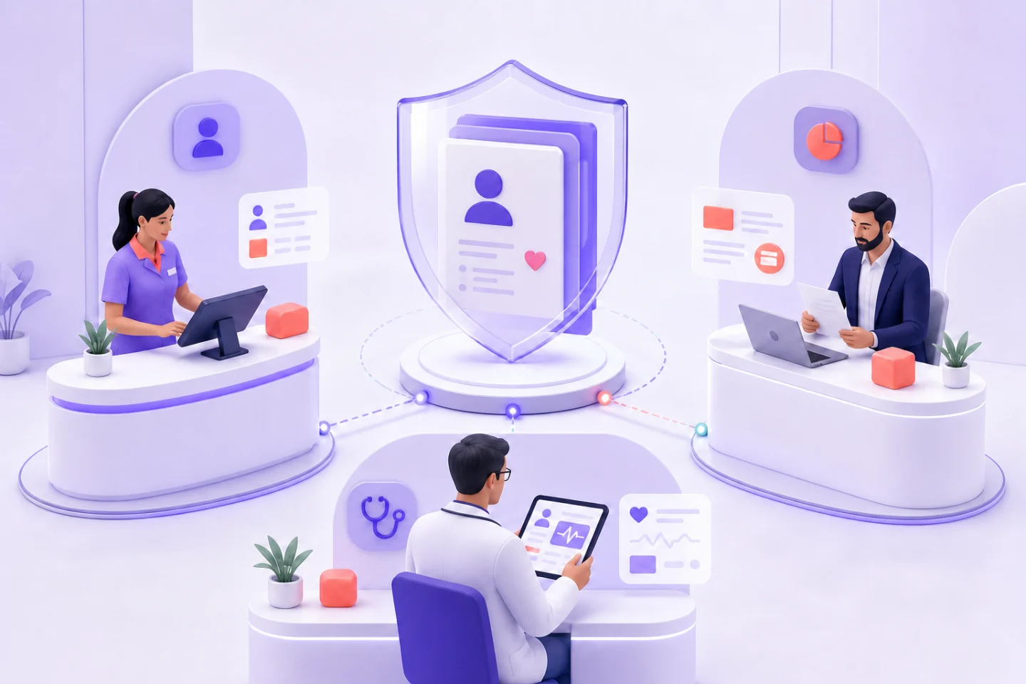 Protected patient records with purpose-separated access for reception, practitioners, and finance.