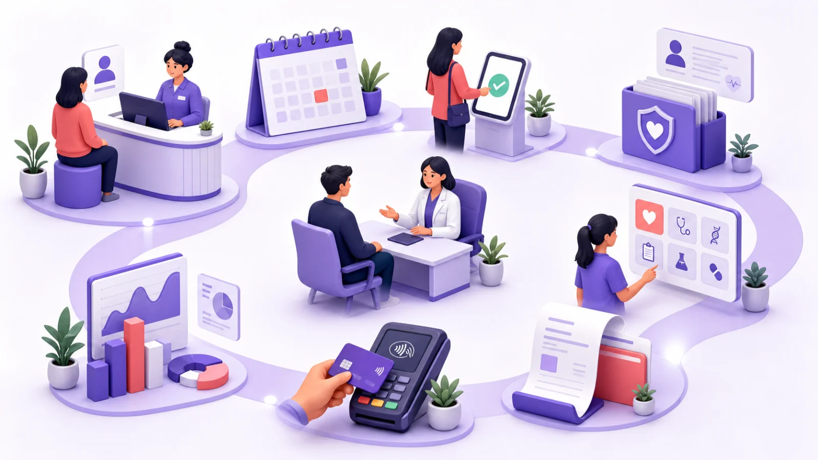 A connected visual journey through patient registration, appointment, check-in, encounter, services, invoice, payment, and reporting.