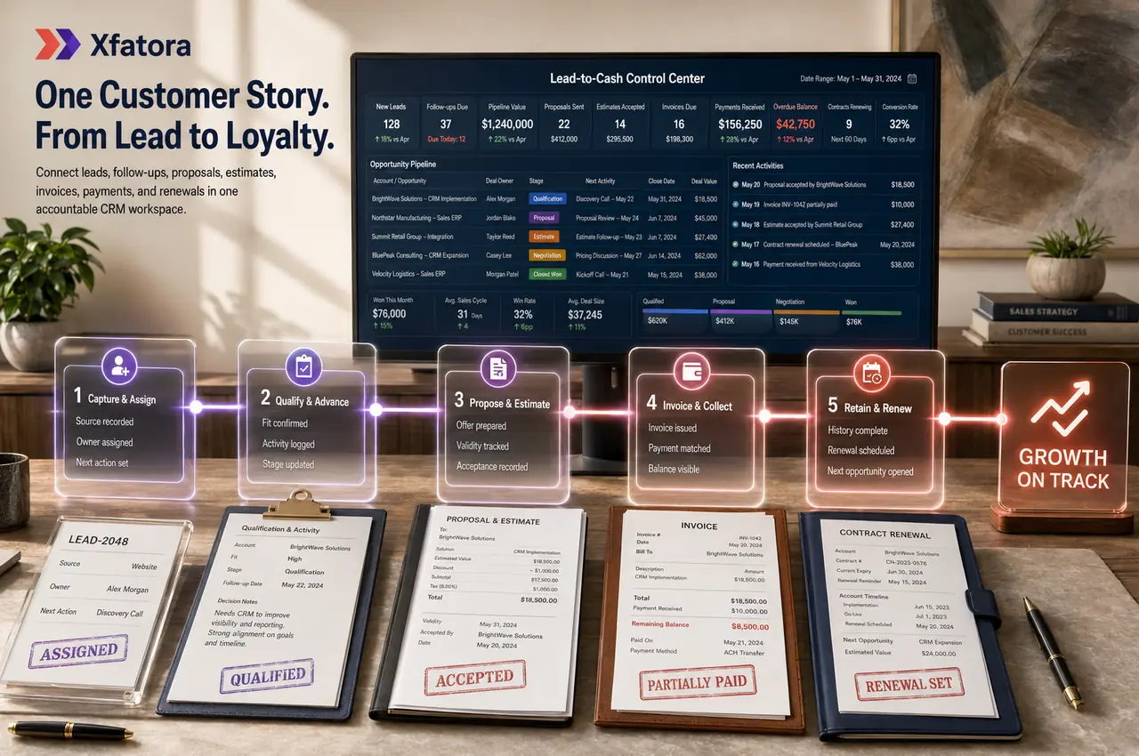 Visual overview of CRM and sales ERP software for lead-to-cash control