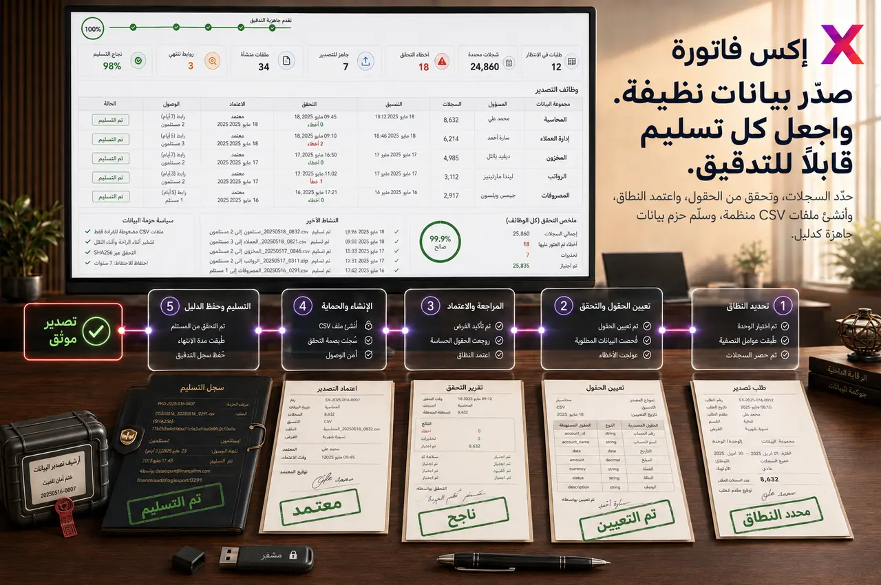 مخطط مرئي يوضح مسار وحدة تصدير البيانات في إكس فاتورة