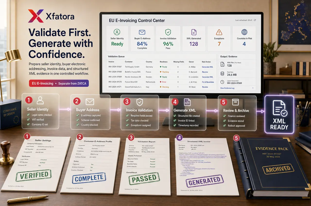 Visual overview of EU e-invoicing, electronic invoice XML, and invoice compliance ERP software