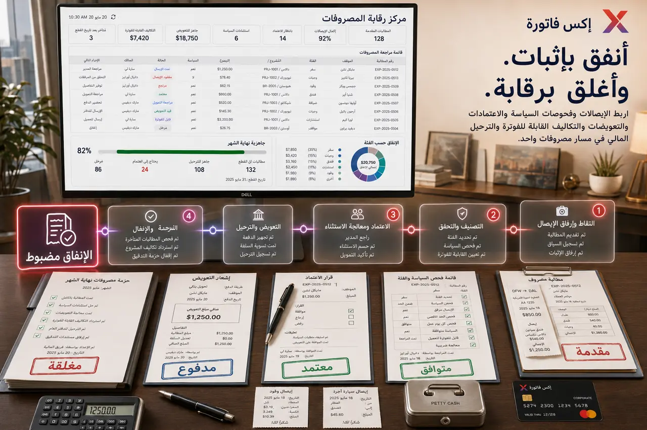 مخطط مرئي يوضح مسار وحدة إدارة المصروفات في إكس فاتورة