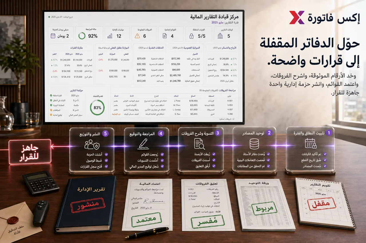 مخطط مرئي يوضح مسار وحدة التقارير المالية في إكس فاتورة
