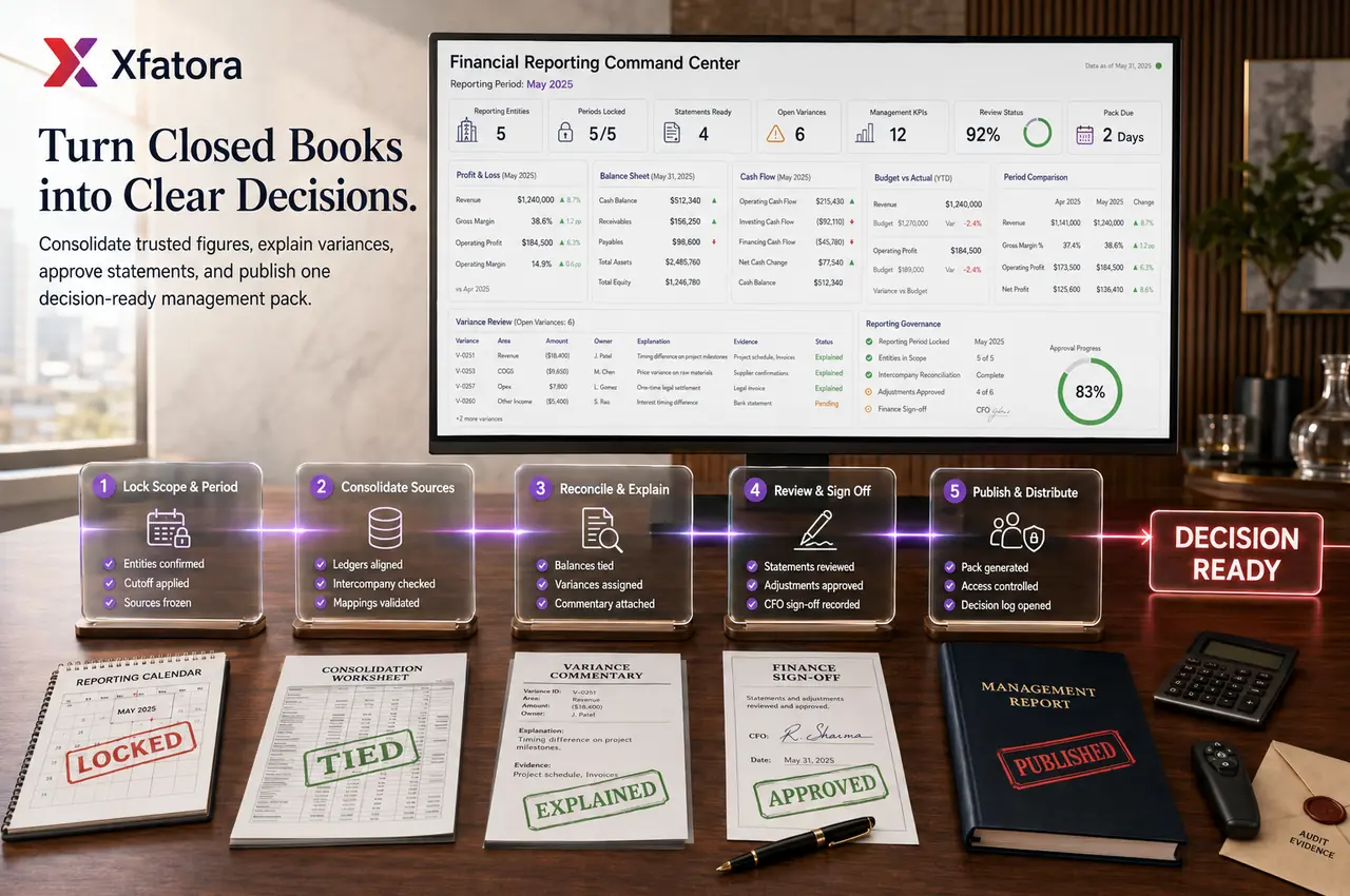Visual overview of Financial reporting software, management reports, dashboards, and month-end ERP reporting