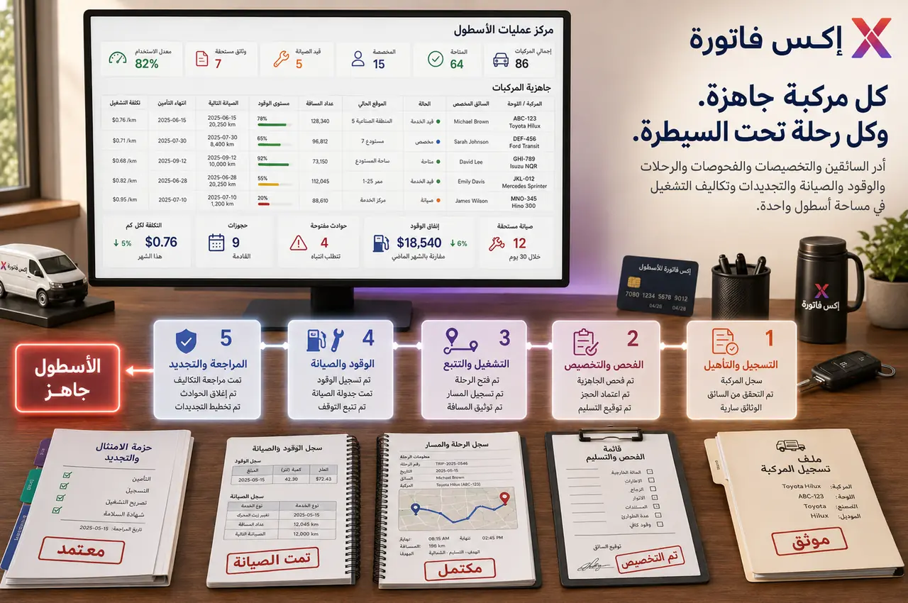مخطط مرئي يوضح مسار وحدة إدارة الأسطول في إكس فاتورة