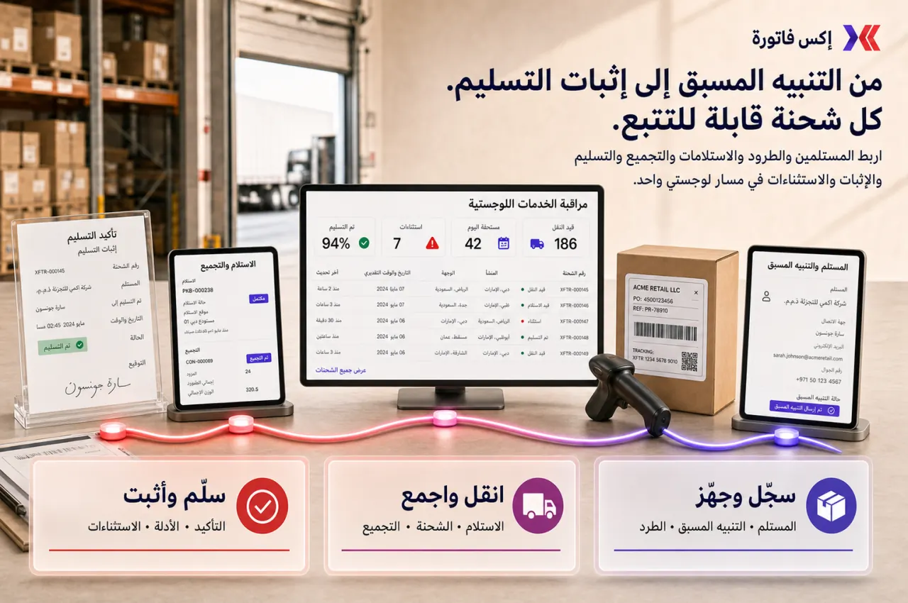 مخطط مرئي يوضح مسار وحدة اللوجستيات في إكس فاتورة
