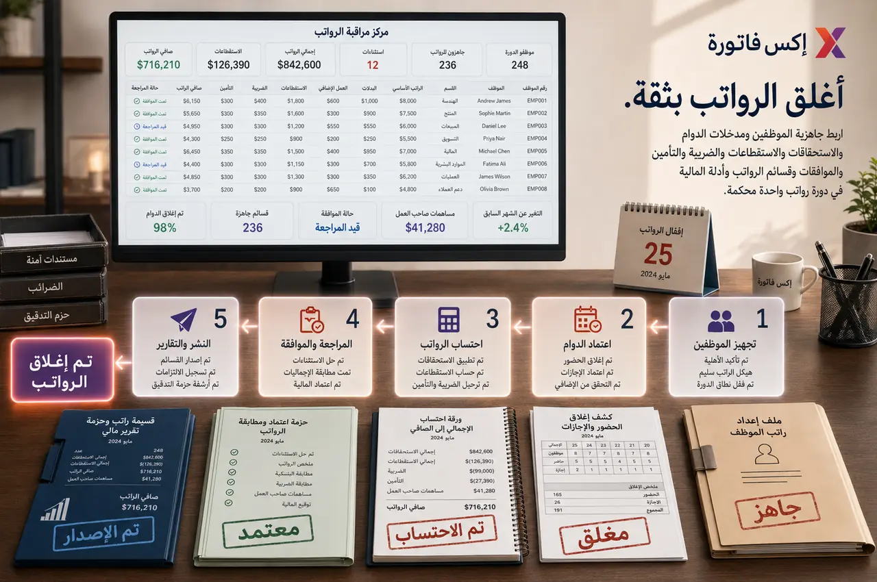 مخطط مرئي يوضح مسار وحدة الرواتب في إكس فاتورة
