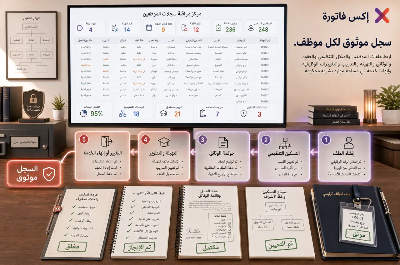 مخطط مرئي يوضح مسار وحدة سجلات الموظفين في إكس فاتورة