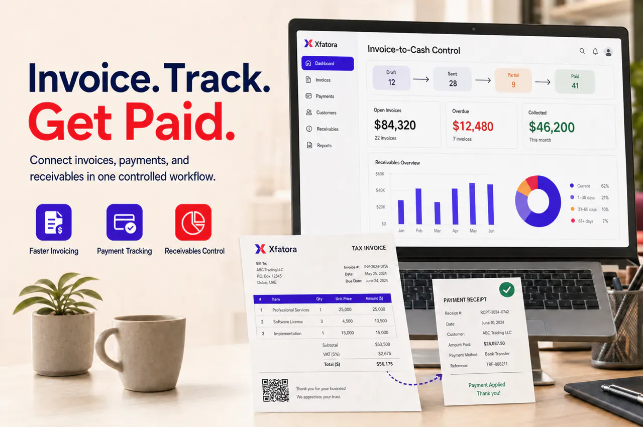 Visual overview of Sales invoicing, invoice management, payment tracking, and receivables ERP software