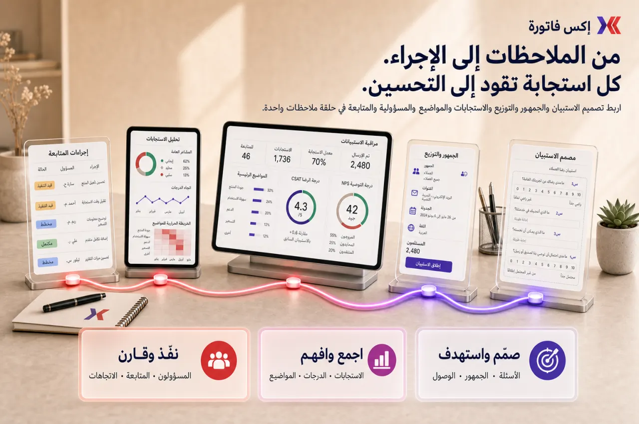 مخطط مرئي يوضح مسار وحدة الاستبيانات في إكس فاتورة