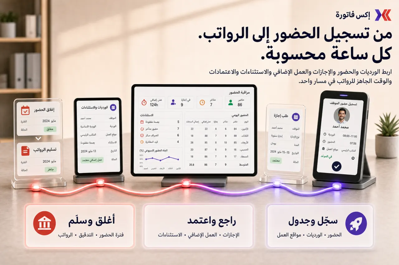 مخطط مرئي يوضح مسار وحدة الحضور والانصراف في إكس فاتورة
