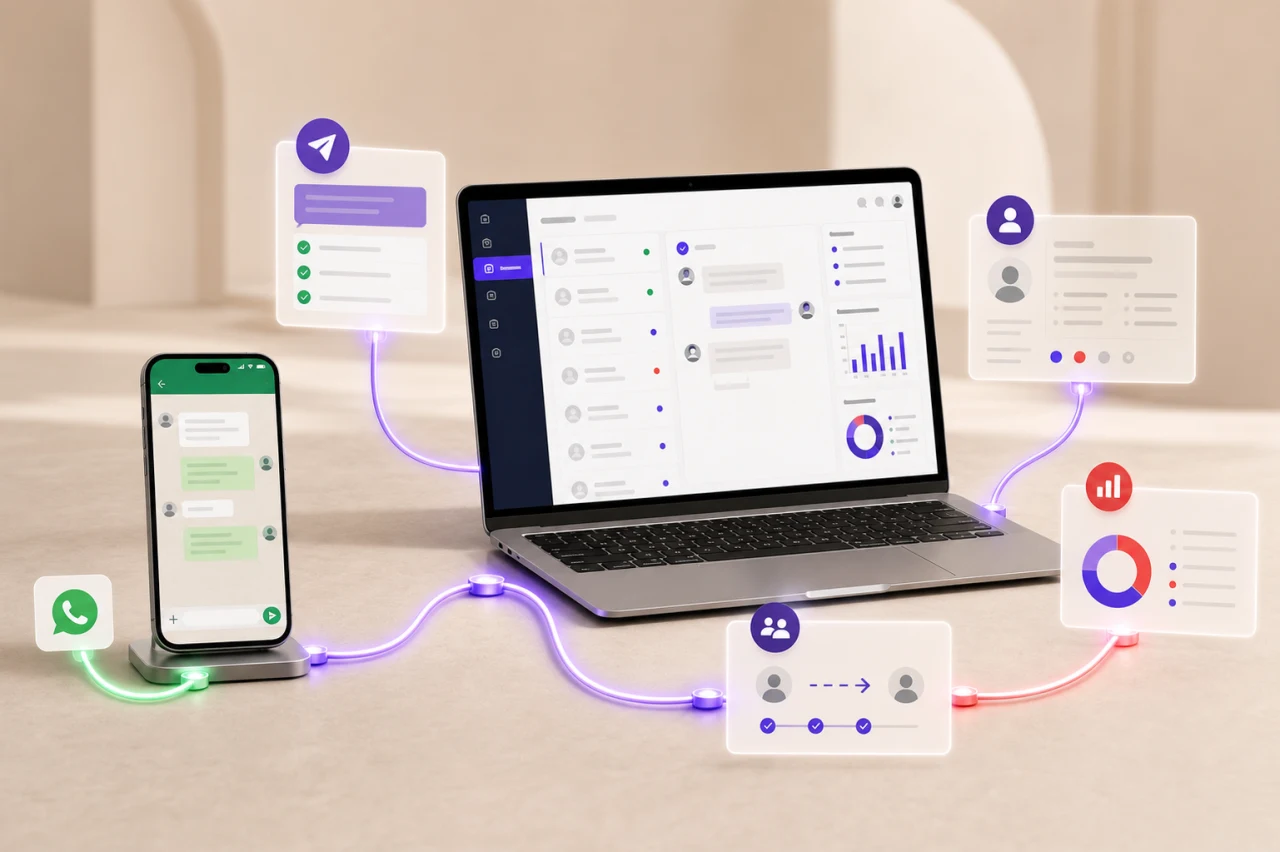 Connected WhatsApp workspace showing the team inbox, templates, CRM handoff, and campaign analytics in Xfatora