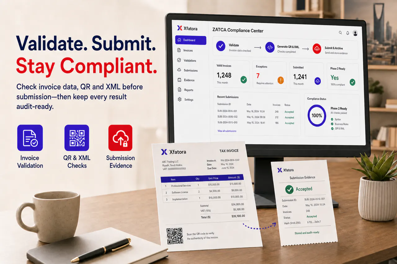 Visual overview of ZATCA compliance, Saudi e-invoicing, QR, XML, and Phase 2 ERP software