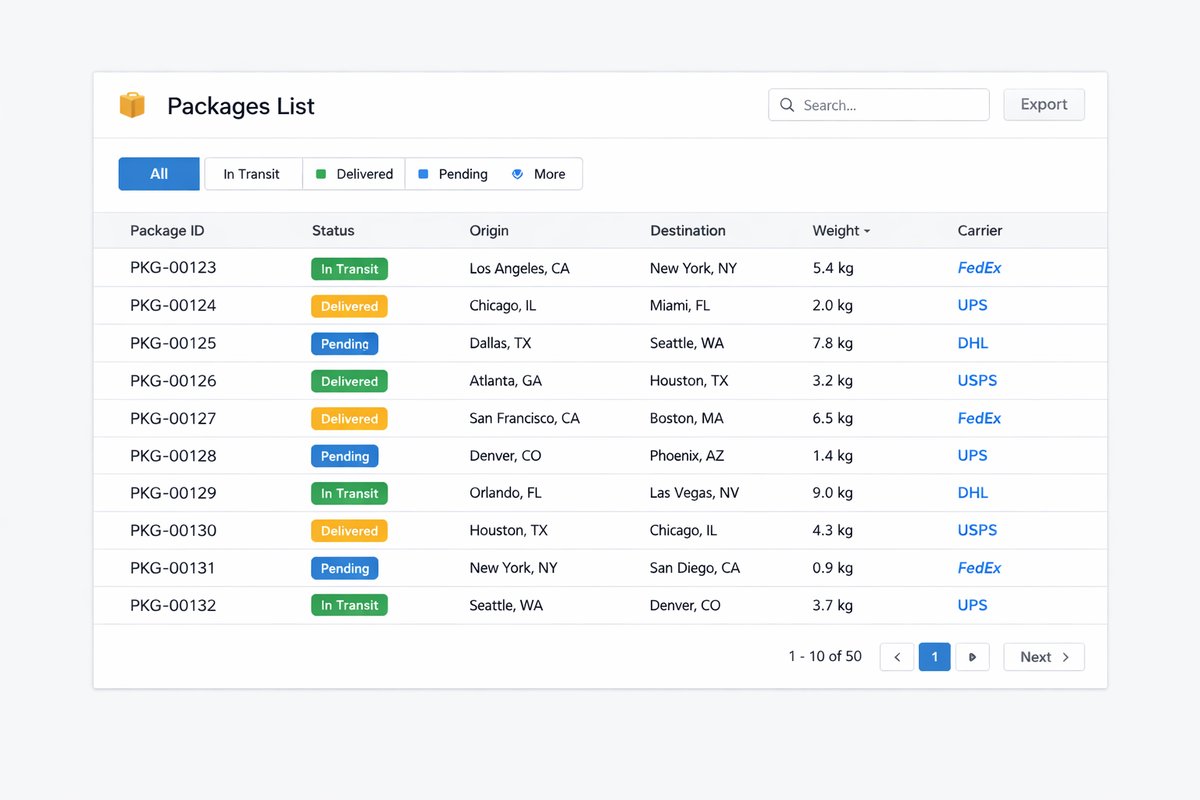 Packages list (Logistics)