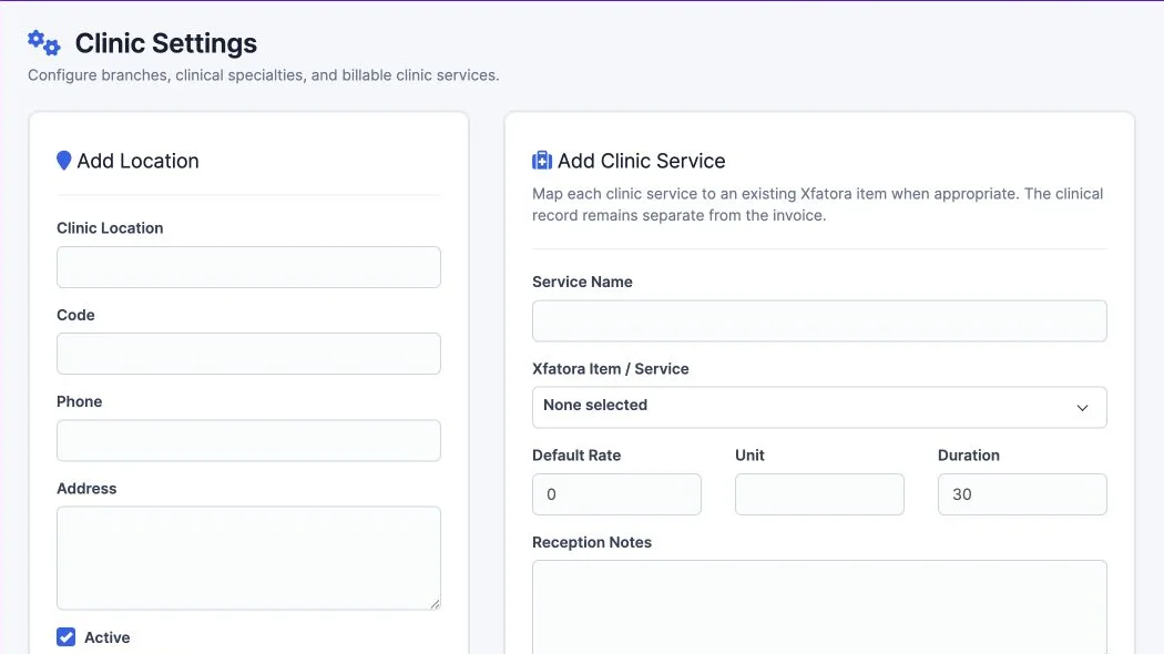 Branches and services setup — synthetic test data